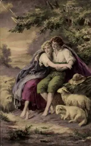 Ak L´Orage, Schafhirte mit Frau suchen Schutz vor dem Sturm, Schafherde