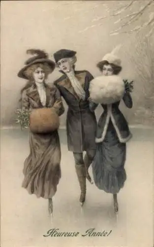 Ak Glückwunsch Neujahr, Mann und zwei Frauen beim Schlittschuhlaufen, Muff