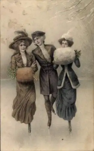 Ak Mann und zwei Frauen beim Schlittschuhlaufen, Muff