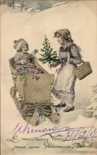 Ak Fröhliches Neujahr, Mädchen mit Schlitten, Munk Nr. 278