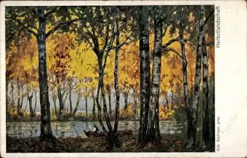 Künstler Ak Herbstlandschaft, Fischer in seinem Boot, Wald