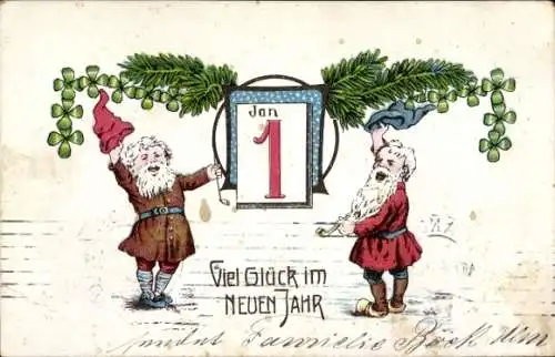 Ak Glückwunsch Neujahr, Zwerge mit Kalenderblatt, Kleeblätter