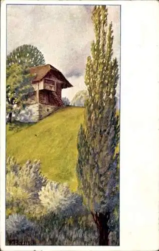 Ak Wohnhaus, Hügel, Bäume, Dorfidyll
