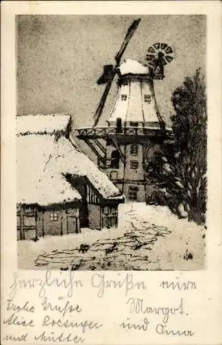 Künstler Ak Windmühle im Ort