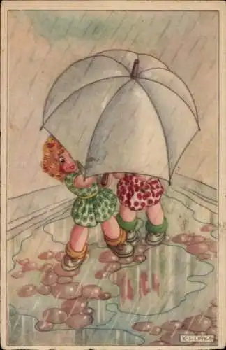Künstler Ak Links, Karel L., Zwei Mädchen unter einem Regenschirm