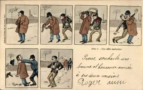 Ak Geschichte in 6 Bildern, Humor, Zwei Männer, Spaziergang