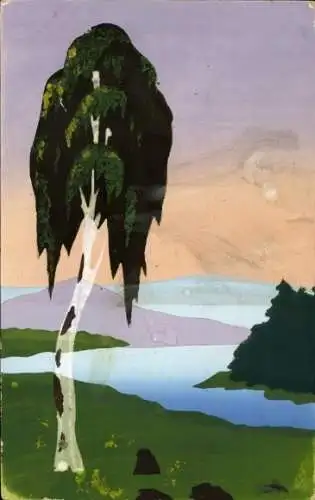 Handgemalt Künstler Ak Birke, Fluss, Berg