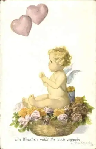 Künstler Ak Ralkowska, Ein Weilchen müßt ihr noch zappeln, Amor, Herze