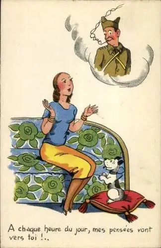Ak Frau träumt von ihrem Geliebten, Soldatenliebe, französischer Soldat, Zigarette, Hund, Sofa