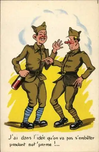 Ak Zwei Betrunkene Soldaten mit roten Nasen, Weinflasche