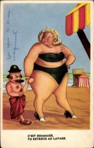 Ak Ehepaar am Strand, Bademode, Übergewichtige Frau