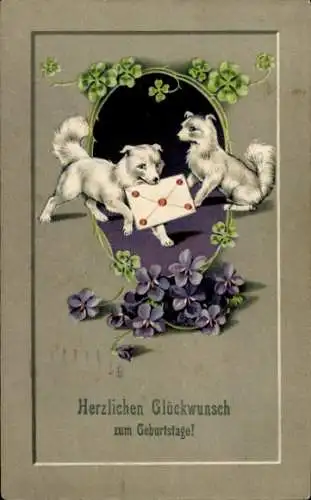 Präge Ak Glückwunsch Geburtstag, Hunde, Glücksklee, Blumen