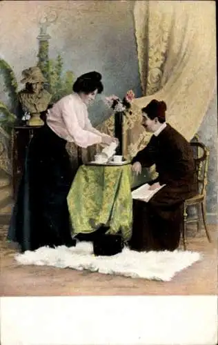 Ak Liebespaar am Kaffeetisch