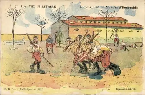 Künstler Ak La vie Militaire, Ecole a pied, Marche d'Ensemble