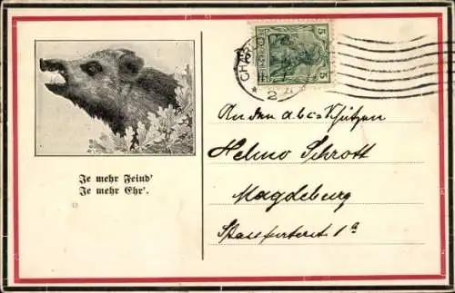 Ak Magdeburg an der Elbe, Vorderseite einer Postkarte mit einem Bild eines Wildschweins, Text:...
