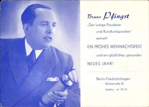 Ak Frohe Weihnachten, Rundfunksprecher Bruno Pfingst, Autogramm