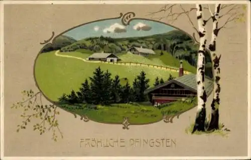 Passepartout Litho Glückwunsch, Pfingsten, Birken