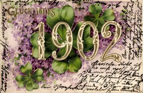 Präge Ak Glückwunsch Neujahr 1902, Glücksklee, Blumen