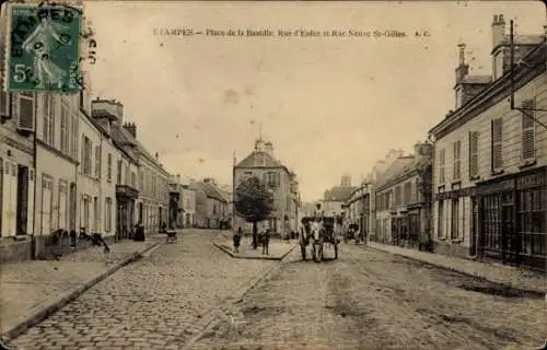 Ak Étampes Essonne, Place de la Bastille. Rue d'Enfer et Rue Neuve St-Gilles.