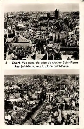 Ak Caen Calvados, Panorama, clocher Saint-Pierre, Rue Saint-Jean