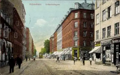 Ak København Kopenhagen Dänemark, Griffenfeldtsgade, historische Gebäudefront, Schienenstraße