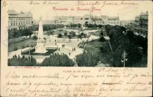 Ak Buenos Aires Argentinien, Plaza 25 de Mayo, Statue, grüne Bäume, historische Gebäude