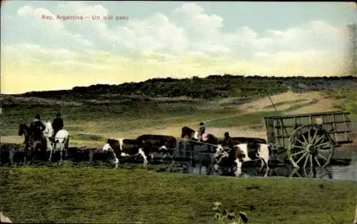 Ak Argentinien, Bauern mit Rinderfuhrwerk überqueren einen Fluss