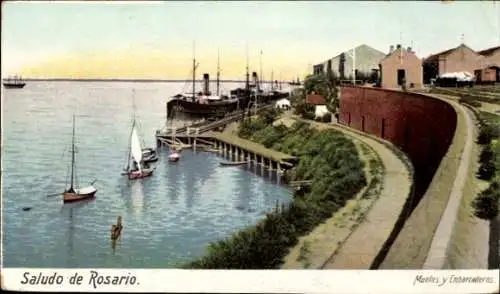 Ak Rosario Argentinien, Hafenansicht, Schiffe, Pier, Uferpromenade