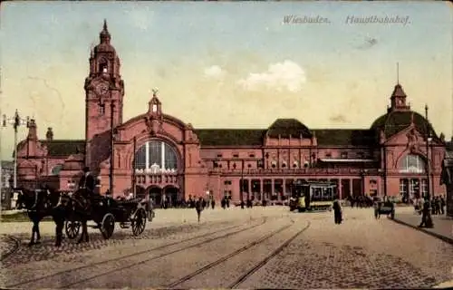 Ak Wiesbaden in Hessen, Hauptbahnhof, Kutsche