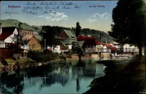 Ak Roßwein in Sachsen, Blick auf den Fluss, Häuser am Ufer, Brücke über den Fluss, ländliche I...