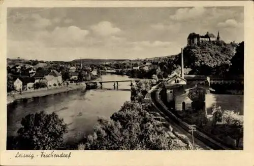 Ak Fischendorf Leisnig in Sachsen, Flusslandschaft, Brücke, Stadtansicht, Burgruine, Häuser