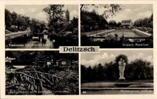 Ak Delitzsch in Sachsen, Kurpark, Rosarium, Brunnengruppe Genesung, Promenade, Heiligbrunnen