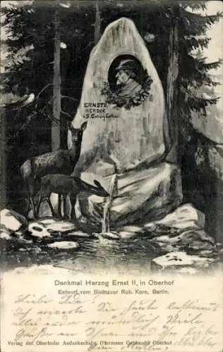 Ak Oberhof im Thüringer Wald, Denkmal Herzog Ernst II, Statue, Rehe, Wasserquelle, Rob. Korn, ...