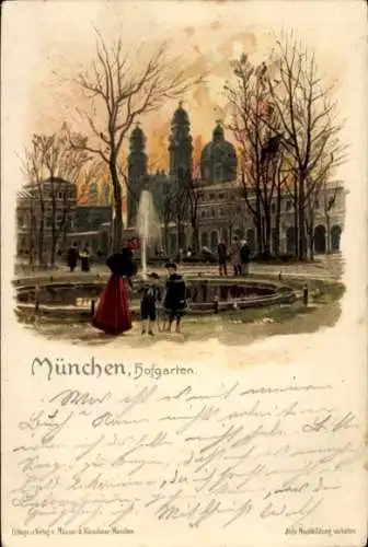 Litho München, Hofgarten, Brunnen, Gebäude, Personen
