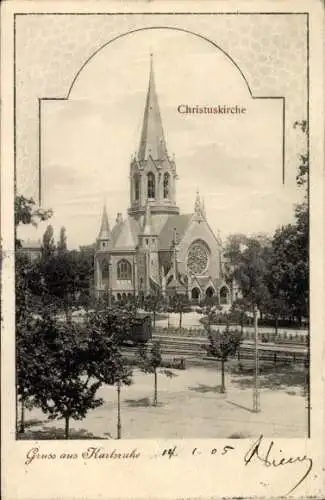 Ak Karlsruhe in Baden, Christuskirche, historische Kirche, Bäume, Straßenansicht, Postkarte