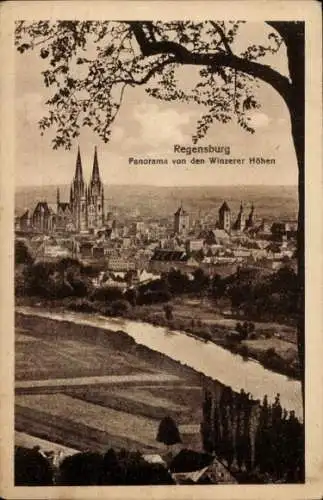 Ak Regensburg an der Donau Oberpfalz, Panorama von den Winzerer Höhen, Stadtansicht mit Fluss,...