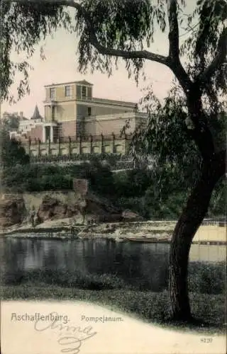 Ak Aschaffenburg in Unterfranken,  Pompejanum, Fluss und Bäume
