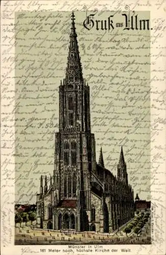 Ak Ulm an der Donau, Münster in  höchste Kirche der Welt, 161 Meter hoch