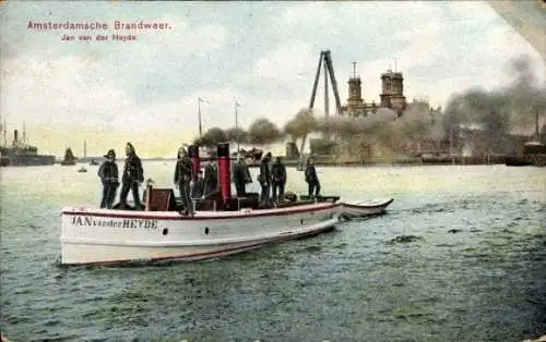 Ak Amsterdam Nordholland, Amsterdamsche Brandweer, Jan van der Heyde, Feuerwehr, Löschboot