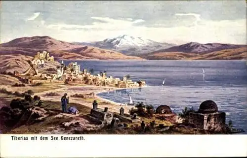 Künstler Ak Perlberg, F., Tiberias Israel, Panorama, Siehe Genezareth