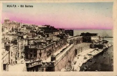 Ak Valletta Malta,  Old Barriera, Stadtansicht, Küste, historische Gebäude