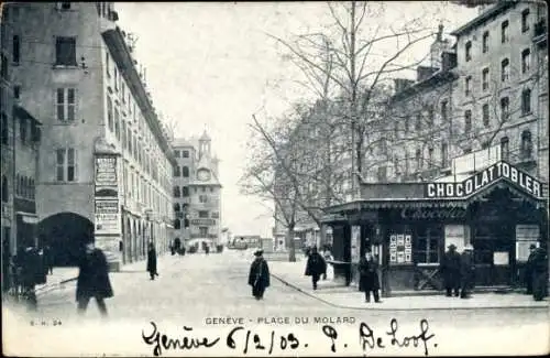 Ak Genève Genf Stadt, Place du Molard, piétons, Chocolat Tobler, Pharmacie