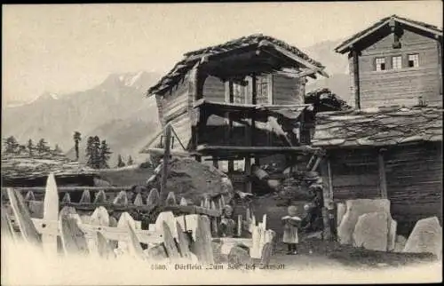 Ak Zermatt Kanton Wallis Schweiz, Traditionelles Dörflein, Holzhäuser, Berge