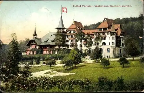 Ak Dolder Zürich Stadt Schweiz, Hôtel Pension Waldhaus Dolder, große Gebäude, Schweizer Flagge...