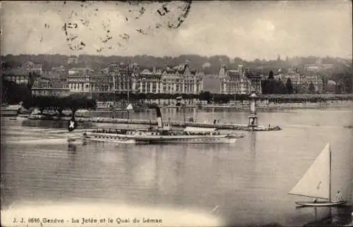 Ak Genève Genf Schweiz,  die Jetée und der Quai du Léman, historisches Gebäude, Schiff