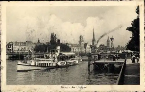 Ak Zürich Stadt Schweiz, Altstadtansicht, Dampfschiff, Utoquai, Kirchen