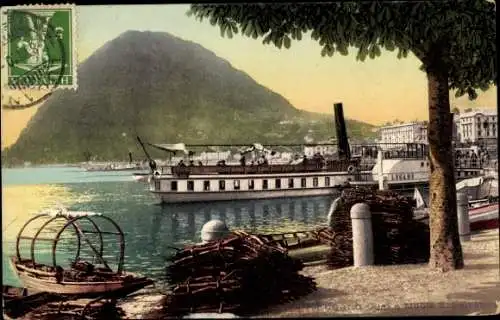 Ak Lugano Kanton Tessin Schweiz, Monte S. Salvatore, Bootsanlage, Seeufer, Landschaft, Postkarte