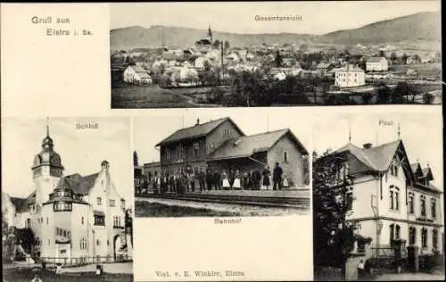 Ak Elstra in der Oberlausitz Sachsen, Bahnhof, Gleisseite, Schloss, Post, Totalansicht