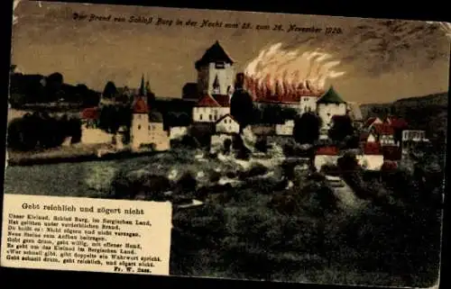 Ak Burg an der Wupper Solingen, Schloss Burg, Brand 1920