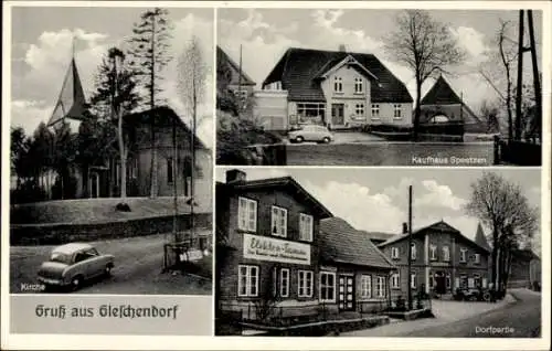 Ak Gleschendorf Scharbeutz in Ostholstein, Kirche, Kaufhaus Spreetzen, Geschäft